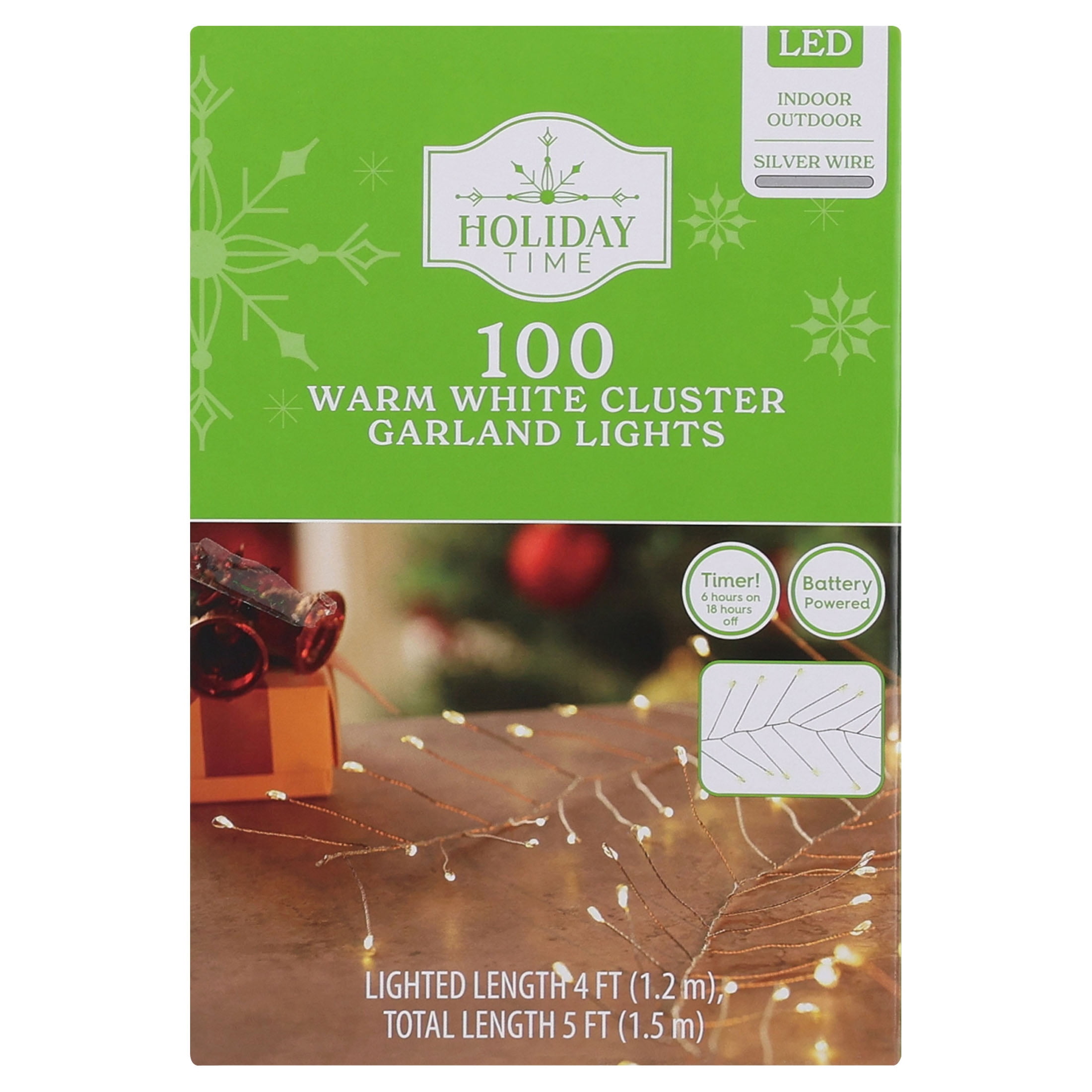 Indoor/Outdoor 100-Count Battery-Operated LED Cluster Christmas Garland Lights, Warm White, Silver Wire, 4', by Holiday Time
