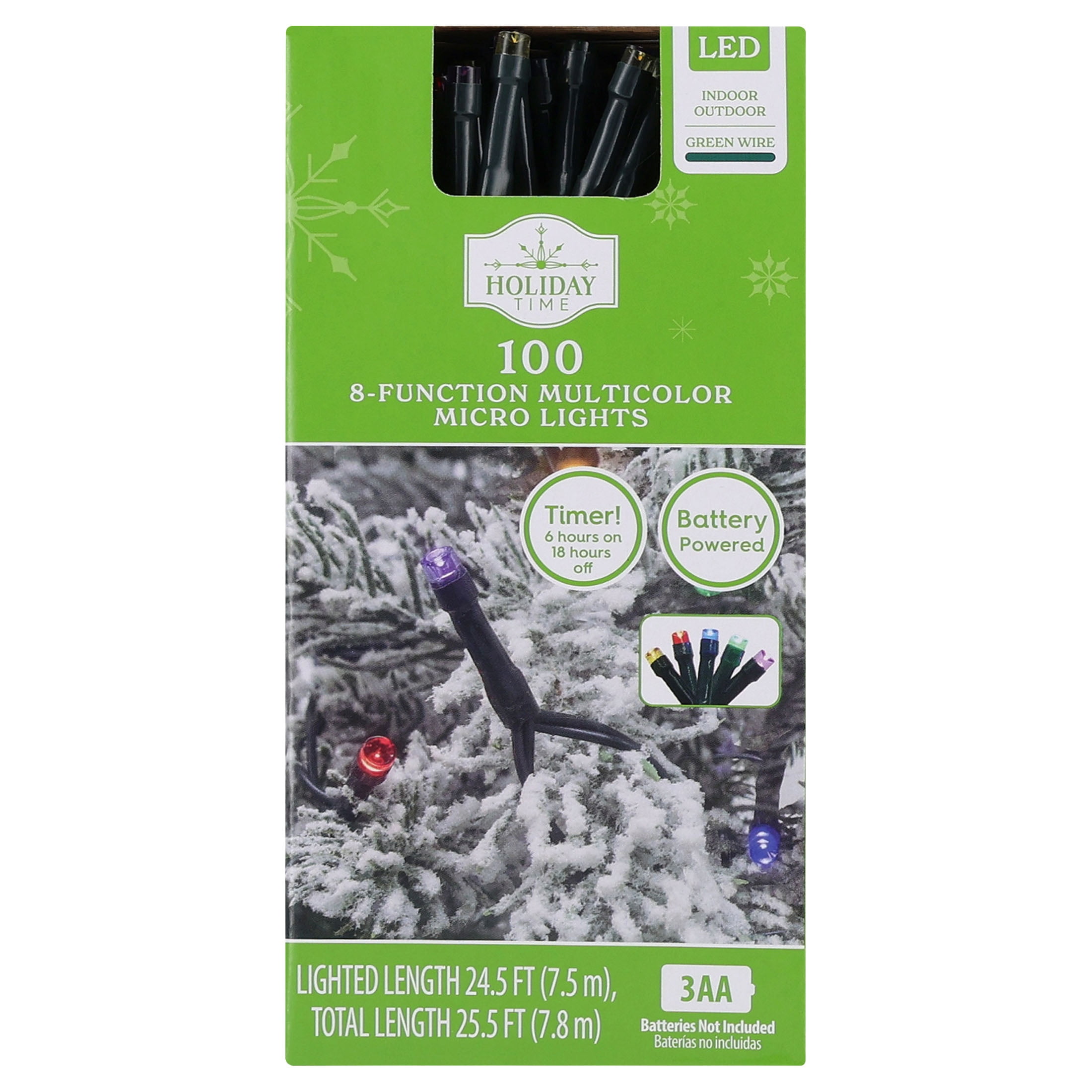 Indoor/Outdoor 100-Count Battery-Operated LED 8-Function Micro Christmas String Lights, Multicolor, Green Wire, 24.5', by Holiday Time