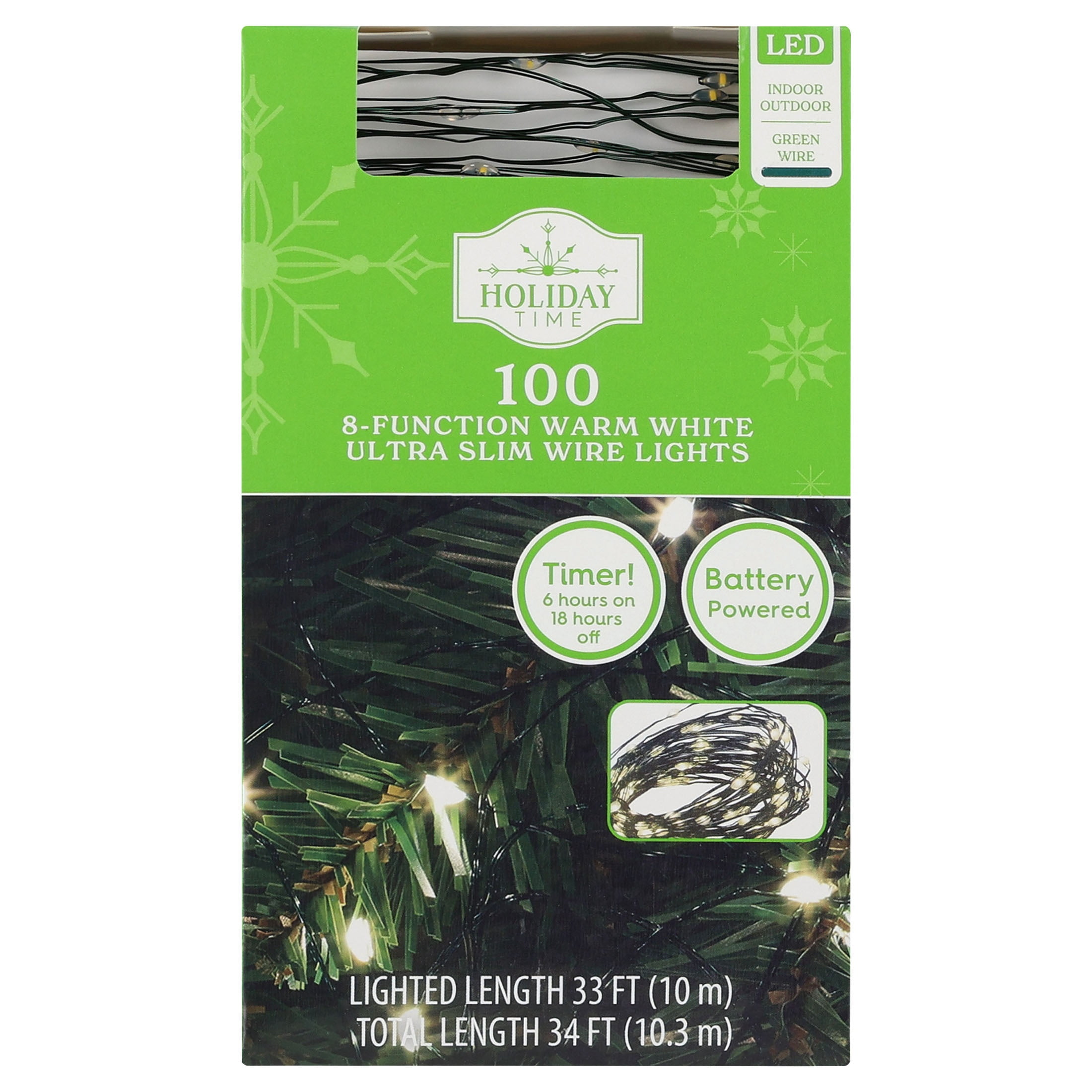Indoor/Outdoor 100-Count Battery-Operated LED 8-Function Ultra Slim Wire Christmas String Lights, Warm White, Green Wire, 33', by Holiday Time