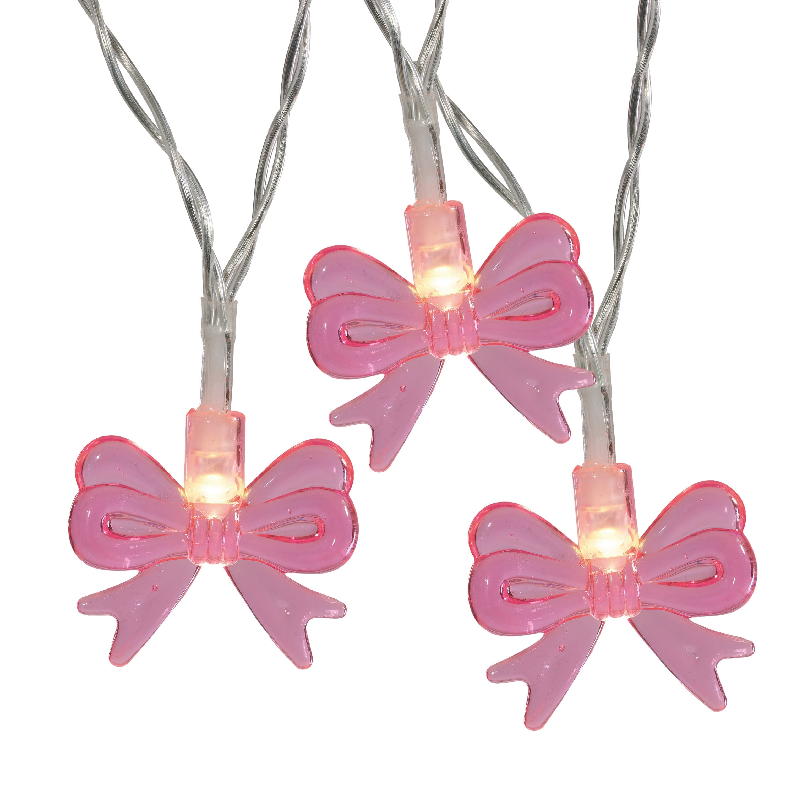 Indoor 10-Count Battery-Operated LED Bow Christmas String Lights, Pink, Transparent Wire, 4.5', by Holiday Time