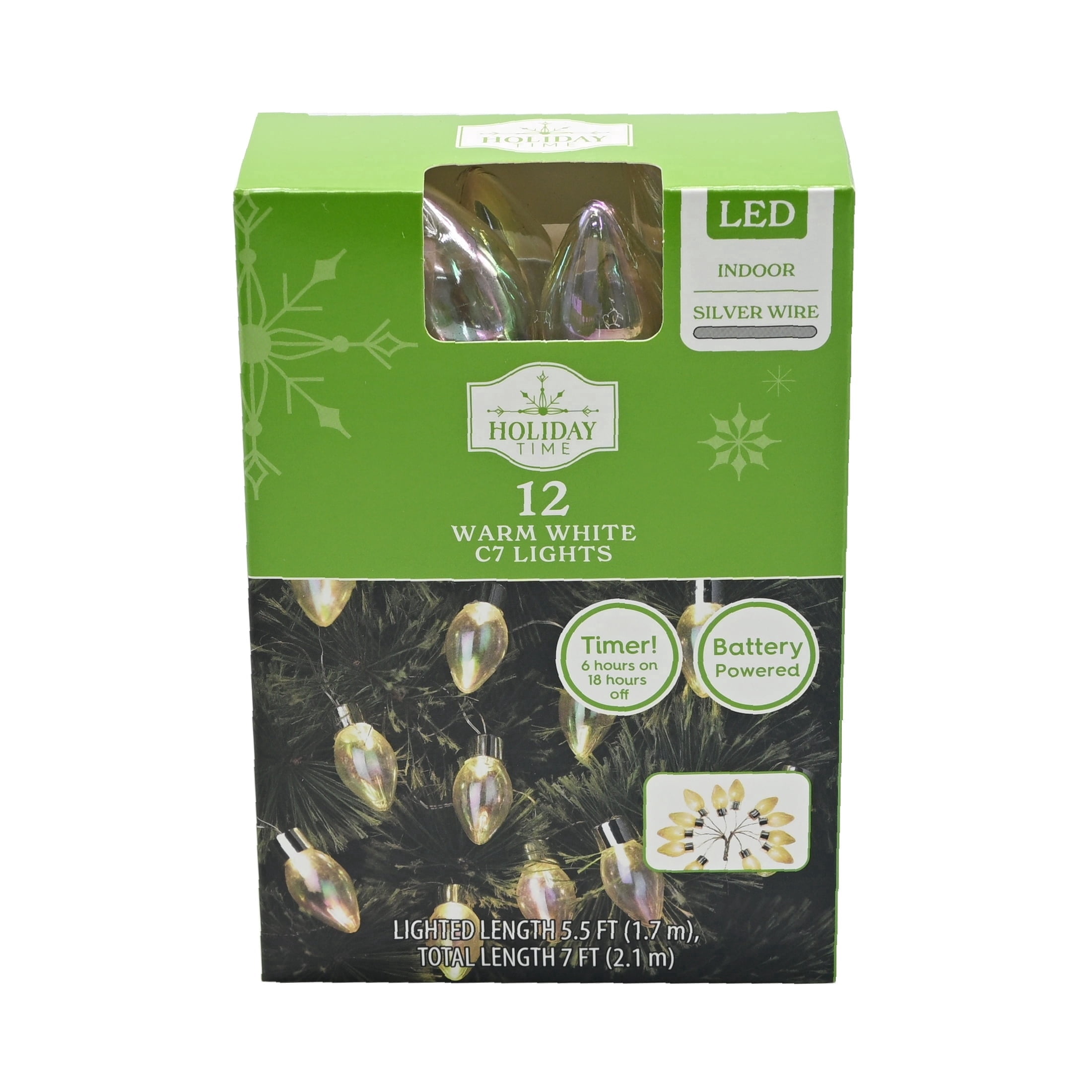 Indoor 12-Count Battery-Operated LED C7 Christmas String Lights, Warm White, Silver Wire, 5.5', by Holiday Time