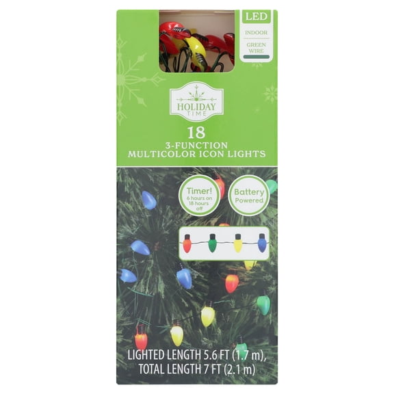 Indoor 18-Count Battery-Operated LED 3-Function Icon Christmas String Lights, Multicolor, Green Wire, 5.6', by Holiday Time