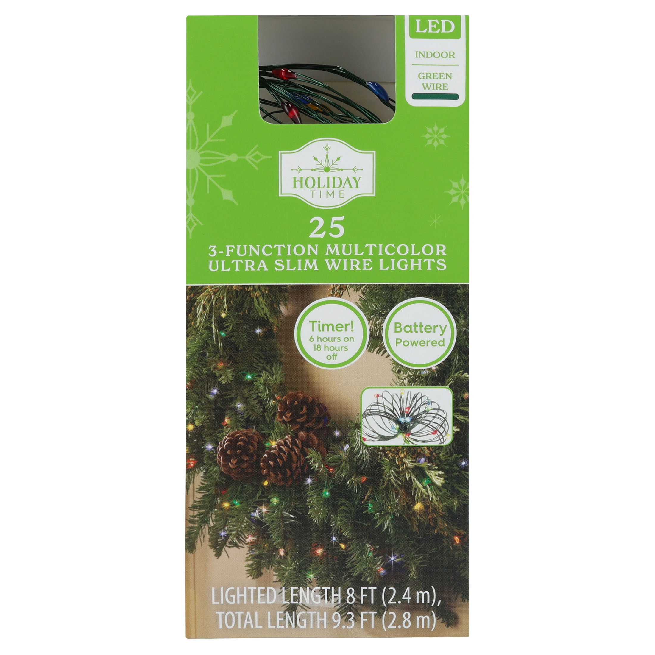 Indoor 25-Count Battery-Operated LED 3-Function Ultra Slim Wire Christmas String Lights, Multicolor, Green Wire, 8', by Holiday Time