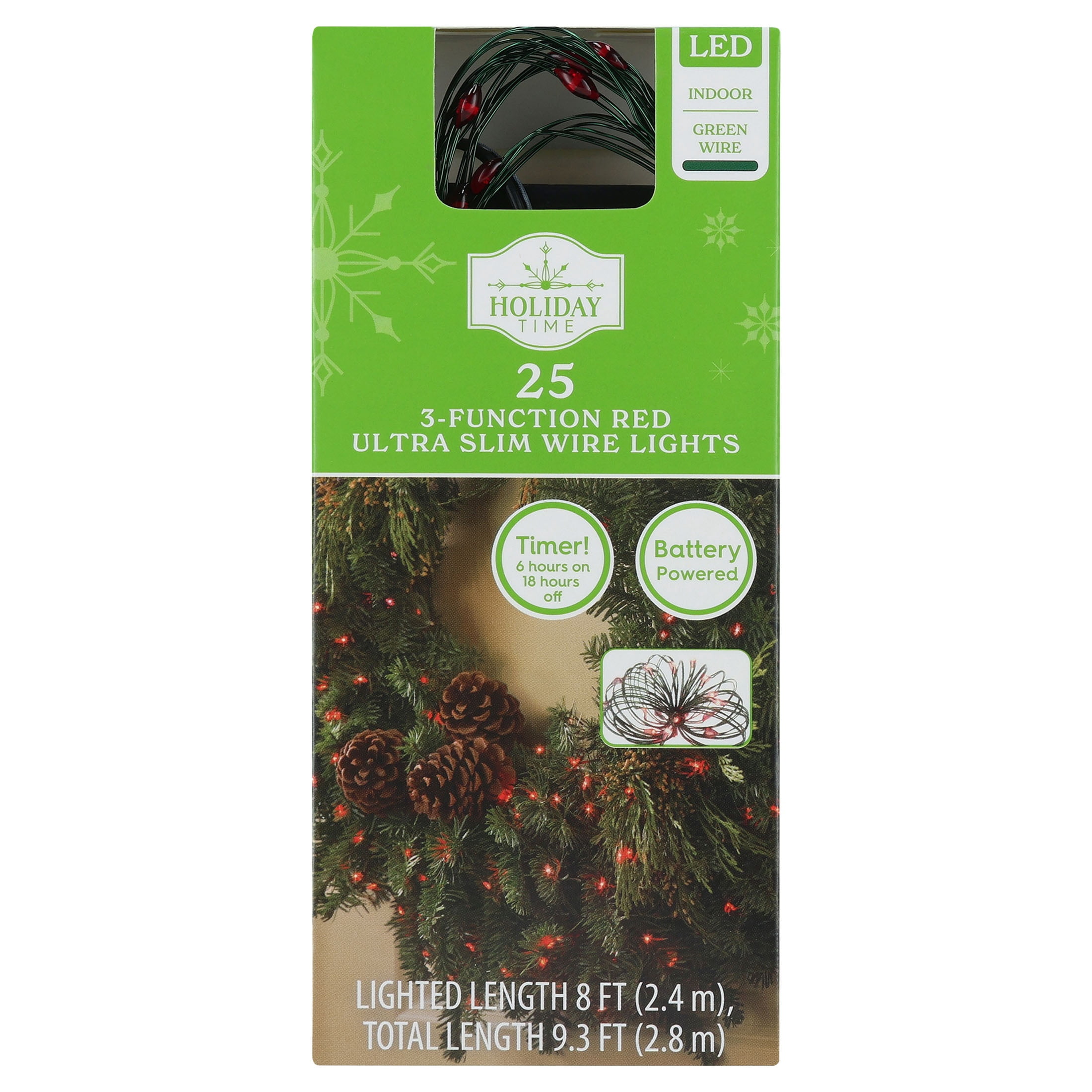 Indoor 25-Count Battery-Operated LED 3-Function Ultra Slim Wire Christmas String Lights, Red, Green Wire, 8', by Holiday Time