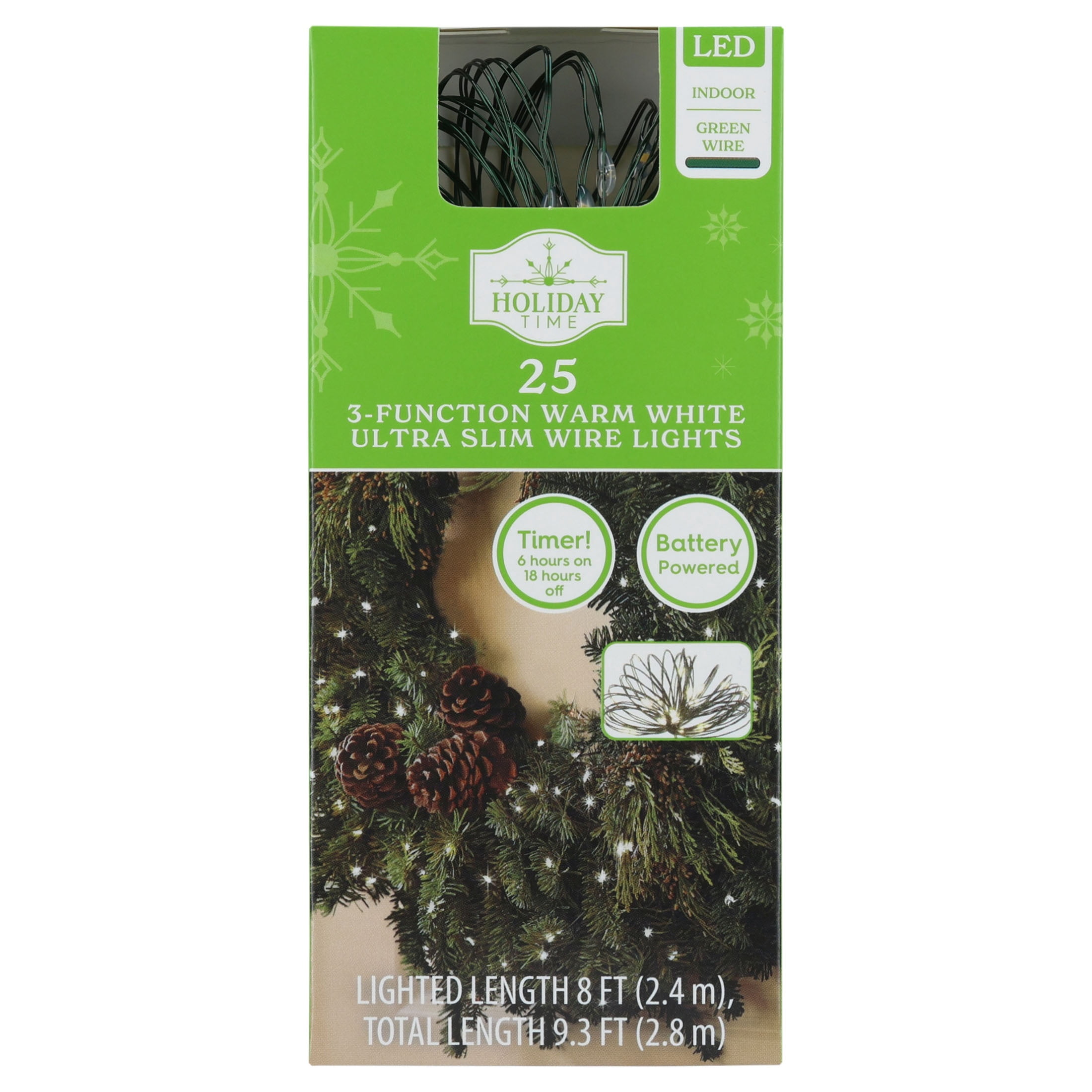 Indoor 25-Count Battery-Operated LED 3-Function Ultra Slim Wire Christmas String Lights, Warm White, Green Wire, 8', by Holiday Time