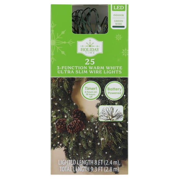 Indoor 25-Count Battery-Operated LED 3-Function Ultra Slim Wire Christmas String Lights, Warm White, Green Wire, 8', by Holiday Time