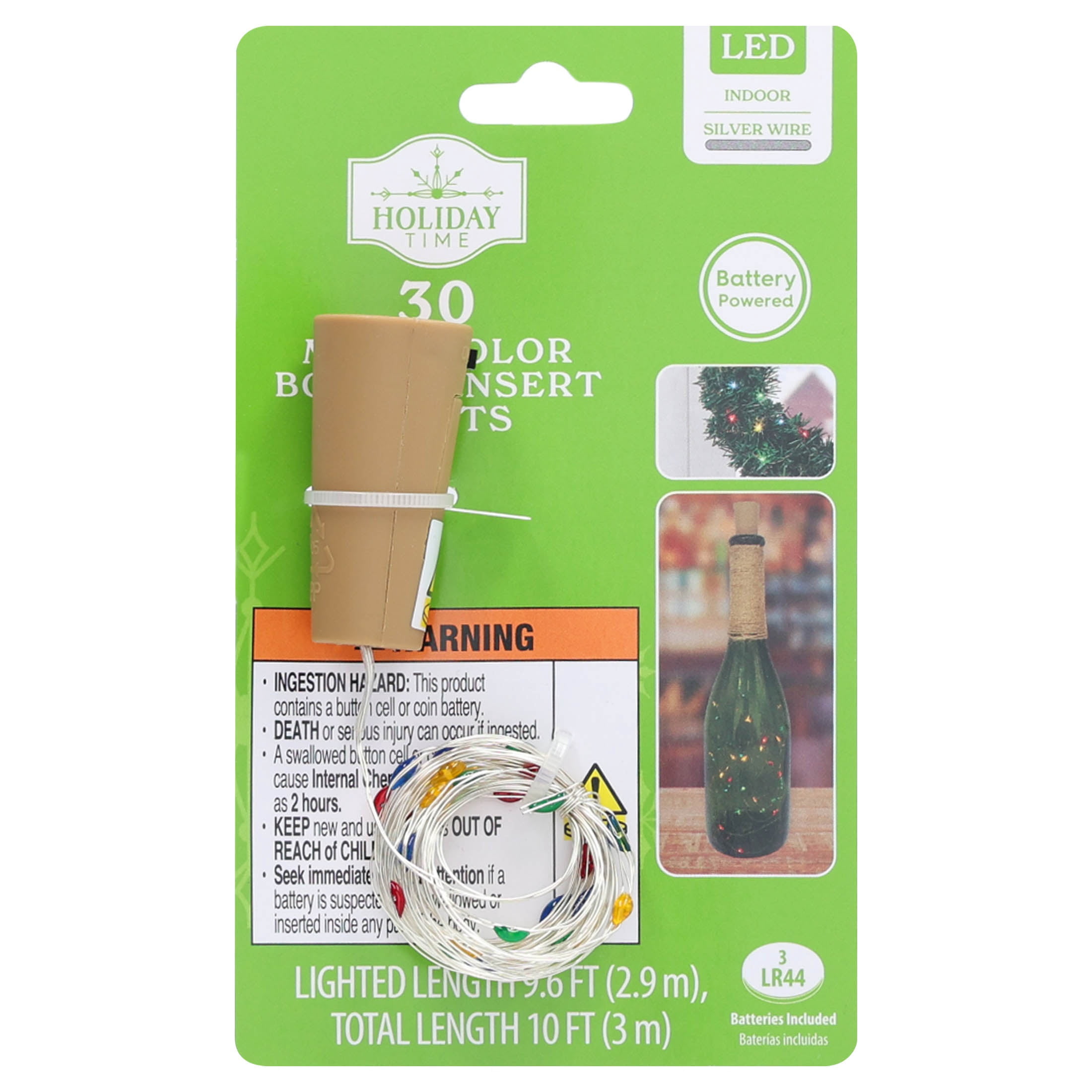 Indoor 30-Count Battery-Operated LED Bottle Insert Christmas String Lights, Multicolor, Silver Wire, 9.6', by Holiday Time