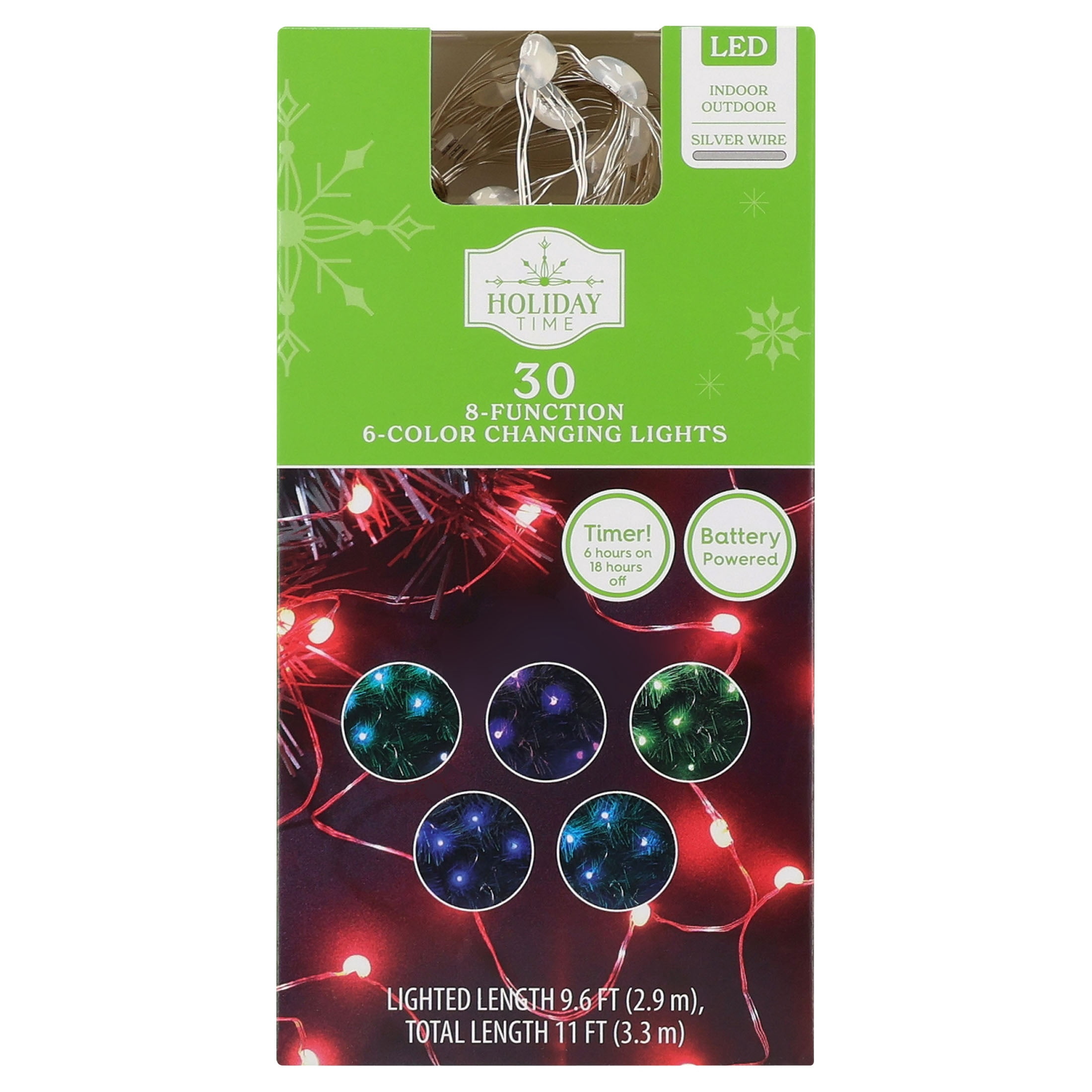 Indoor/Outdoor 30-Count Battery-Operated LED 8-Function 6-Color Changing Christmas String Lights, Multicolor, Silver Wire, 9.6', by Holiday Time