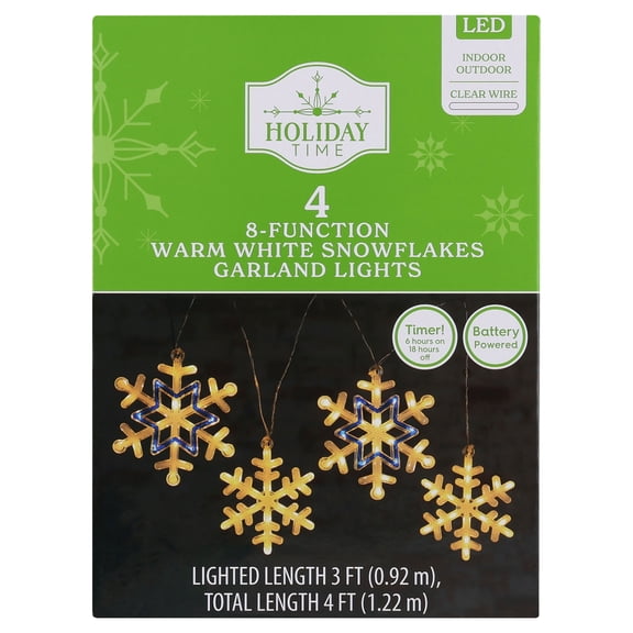 Indoor/Outdoor 4-Count Battery-Operated LED 8-Function Snowflake Christmas Garland Lights, Warm White, Clear Wire, 3', by Holiday Time