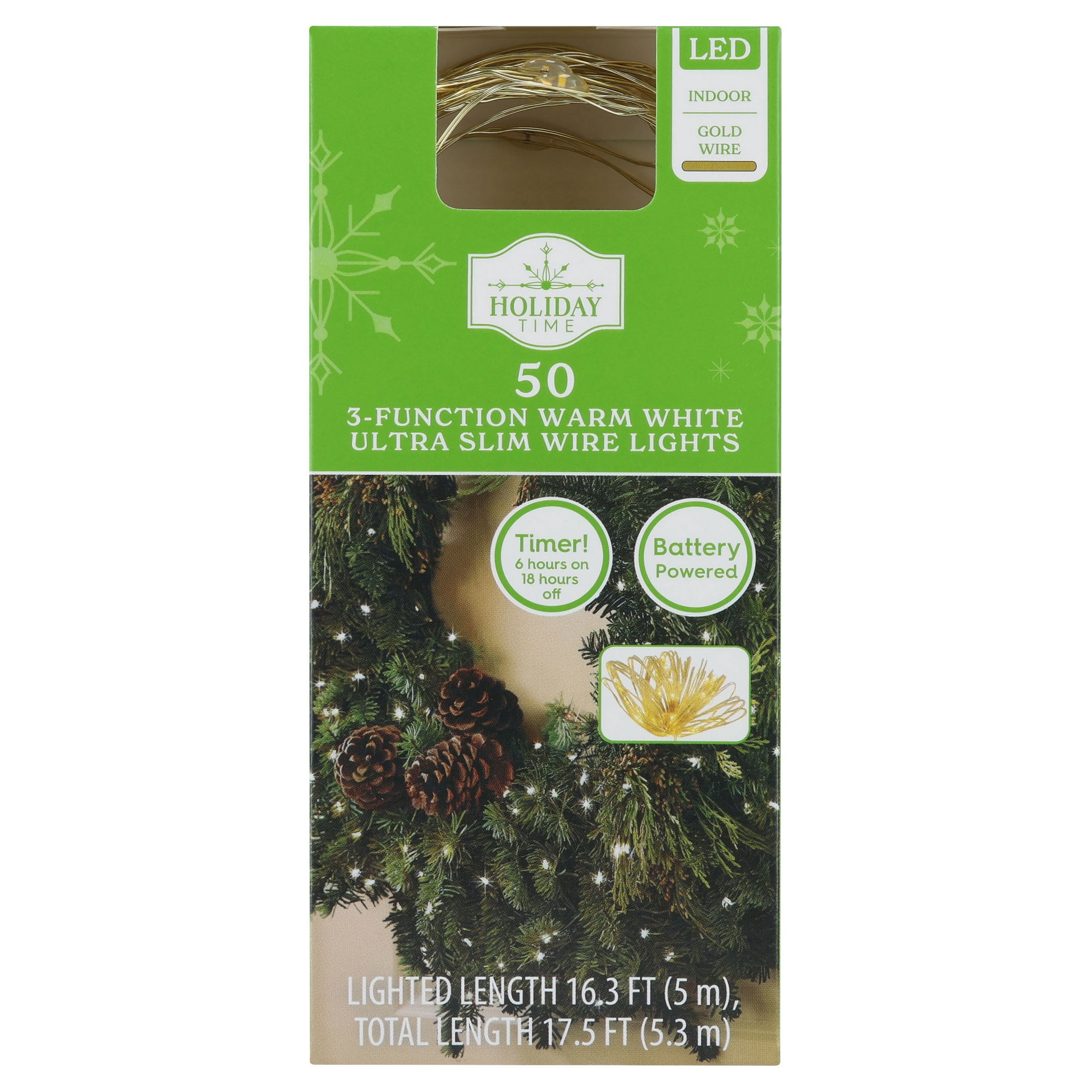 Indoor 50-Count Battery-Operated LED 3-Function Ultra Slim Wire Christmas String Lights, Warm White, Gold Wire, 16.3', by Holiday Time