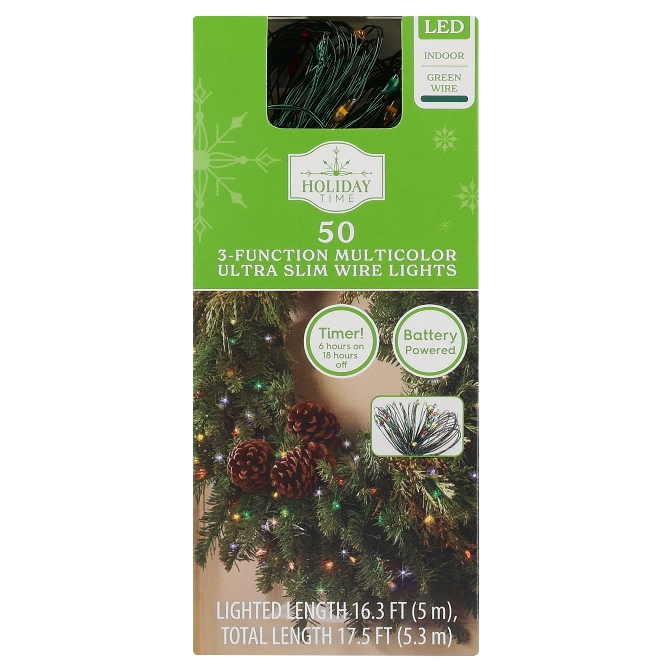 Indoor 50-Count Battery-Operated LED 3-Function Ultra Slim Wire Christmas String Lights, Multicolor, Green Wire, 16.3', by Holiday Time