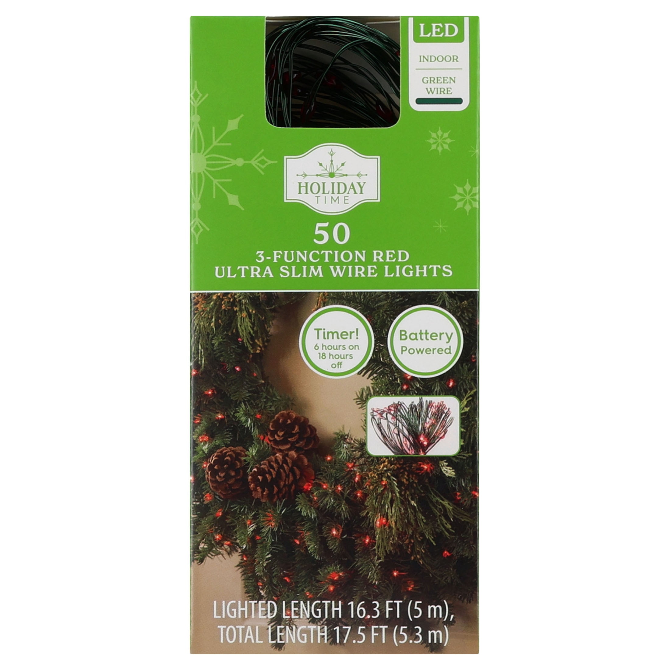 Indoor 50-Count Battery-Operated LED 3-Function Ultra Slim Wire Christmas String Lights, Red, Green Wire, 16.3', by Holiday Time