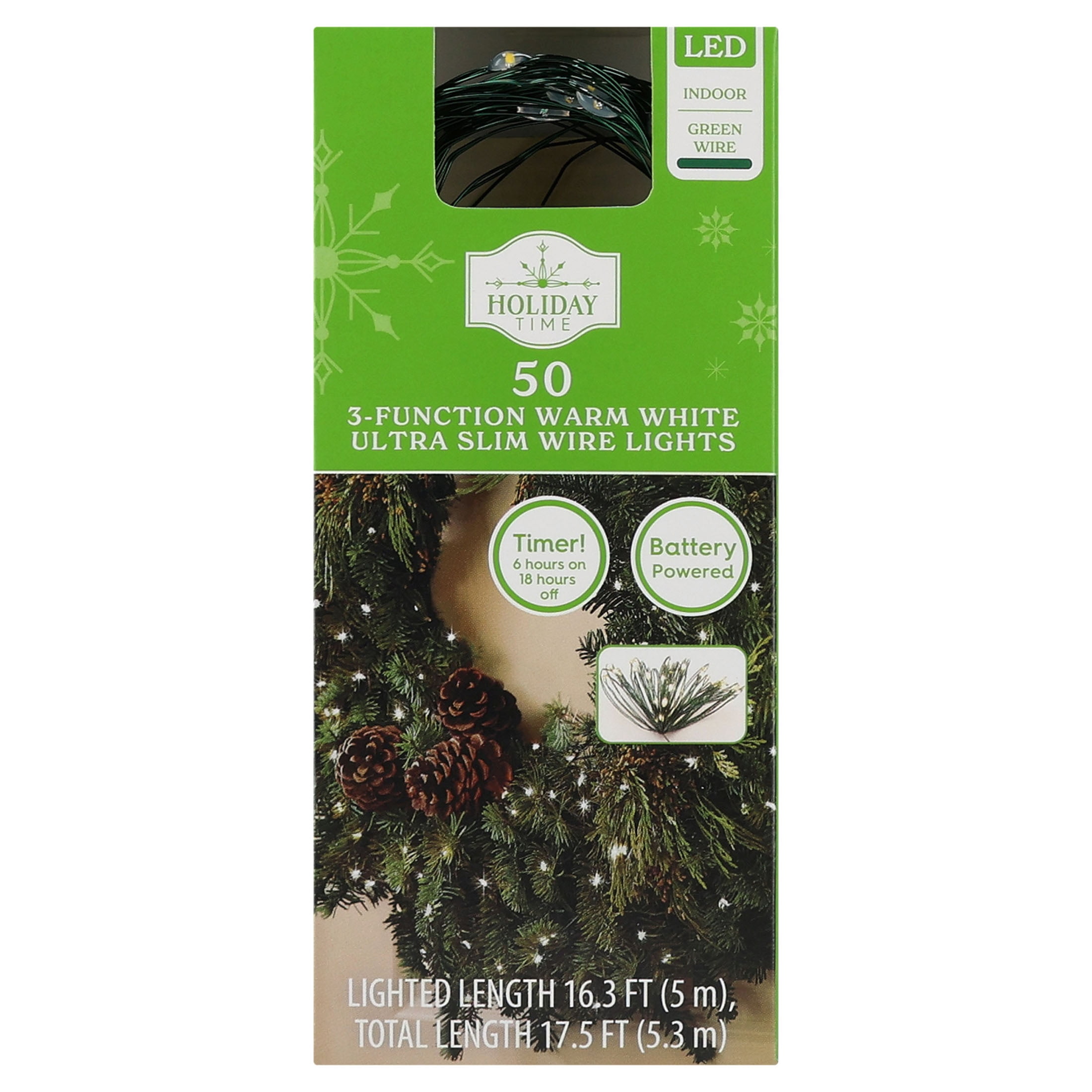 Indoor 50-Count Battery-Operated LED 3-Function Ultra Slim Wire Christmas String Lights, Warm White, Green Wire, 16.3', by Holiday Time