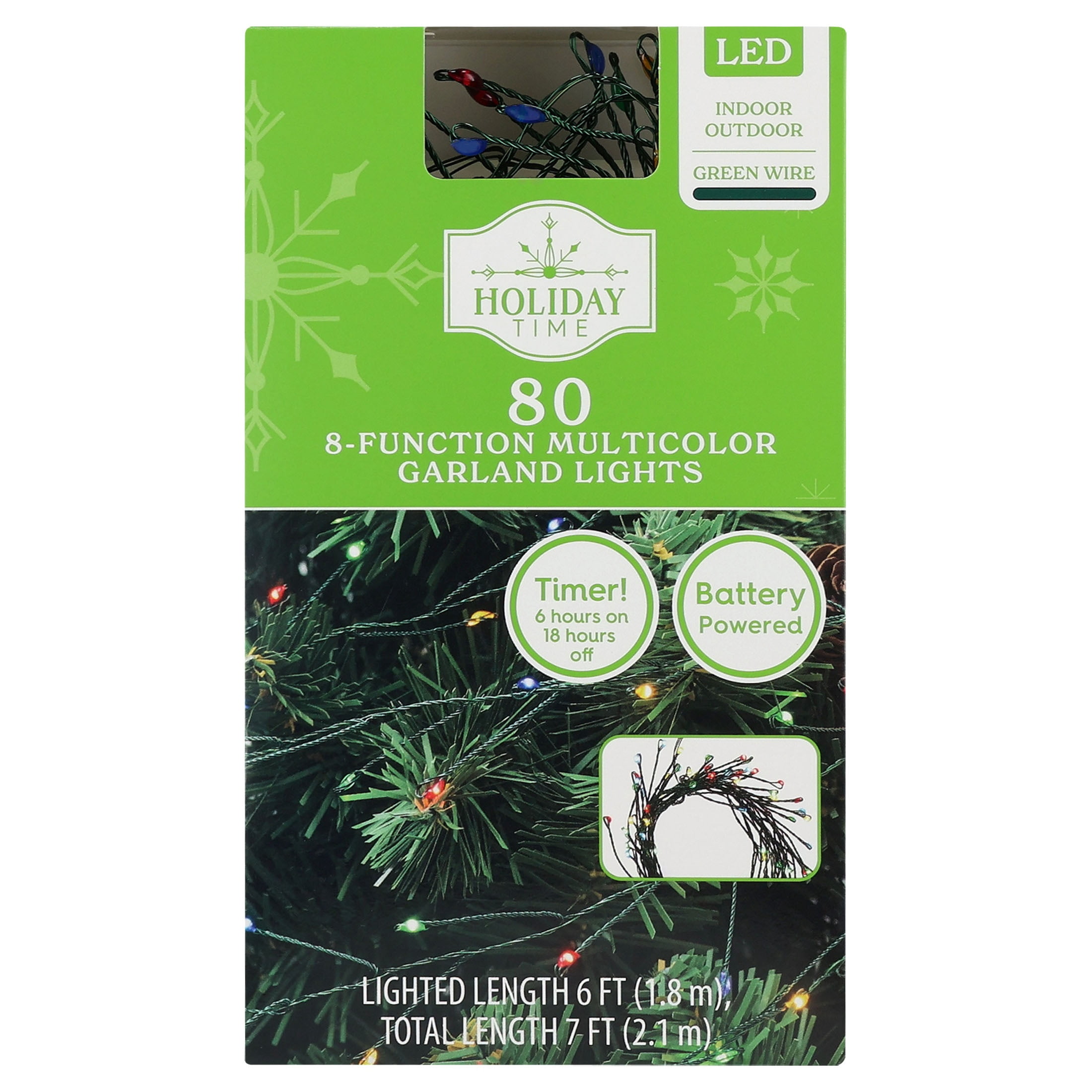 Indoor/Outdoor 80-Count Battery-Operated LED 8-Function Christmas Garland Lights, Multicolor, Green Wire, 6', by Holiday Time
