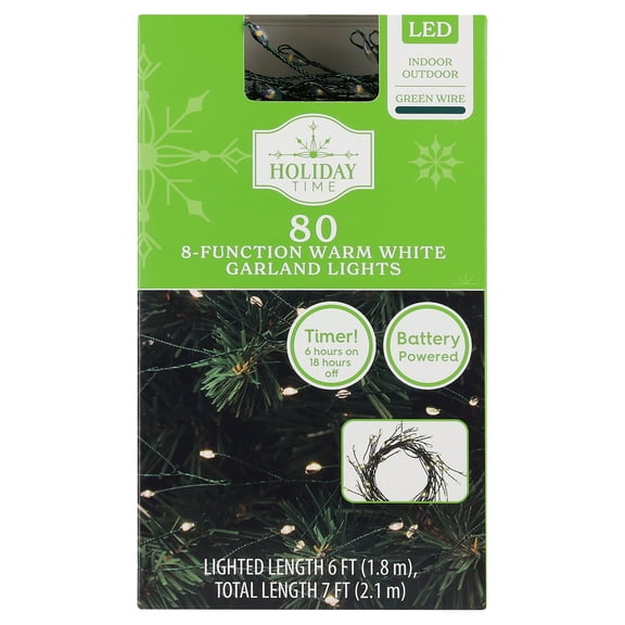 Indoor/Outdoor 80-Count Battery-Operated LED 8-Function Christmas Garland Lights, Warm White, Green Wire, 6', by Holiday Time
