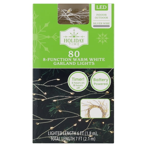Indoor/Outdoor 80-Count Battery-Operated LED 8-Function Christmas Garland Lights, Warm White, Silver Wire, 6', by Holiday Time