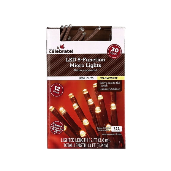 Indoor/Outdoor 30-Count Battery-Operated LED 8-Function Micro String Lights, Warm White, 12', Fall by Way To Celebrate