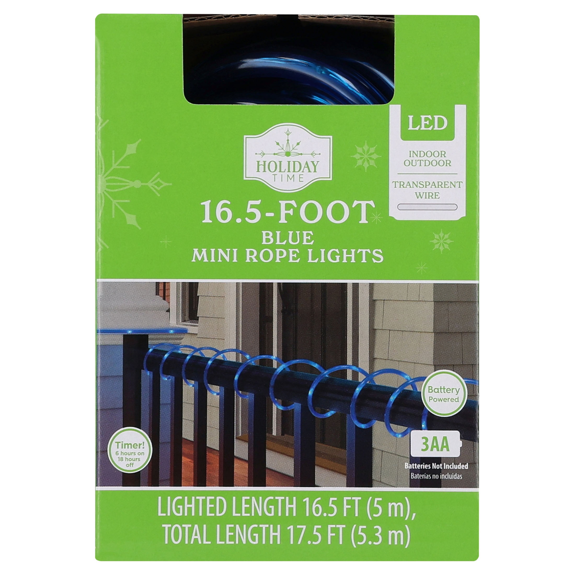 Indoor/Outdoor Battery-Operated LED Mini Christmas Rope Lights, Blue, Transparent Wire, 16.5', by Holiday Time