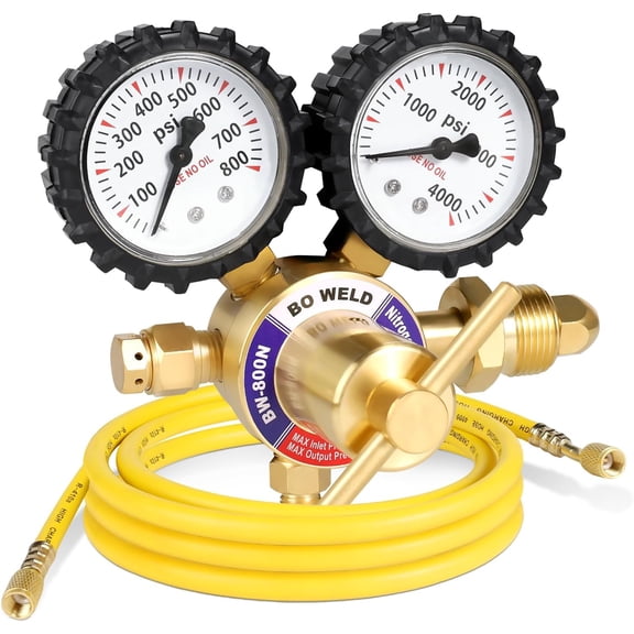 BO WELD Nitrogen Regulator with 0-800 PSI, CGA580 Inlet Connection and 1/4'' Male Flare Outlet Connection GaugesNitrogen Tank Regulator with 5Ft Refrigeration Hose
