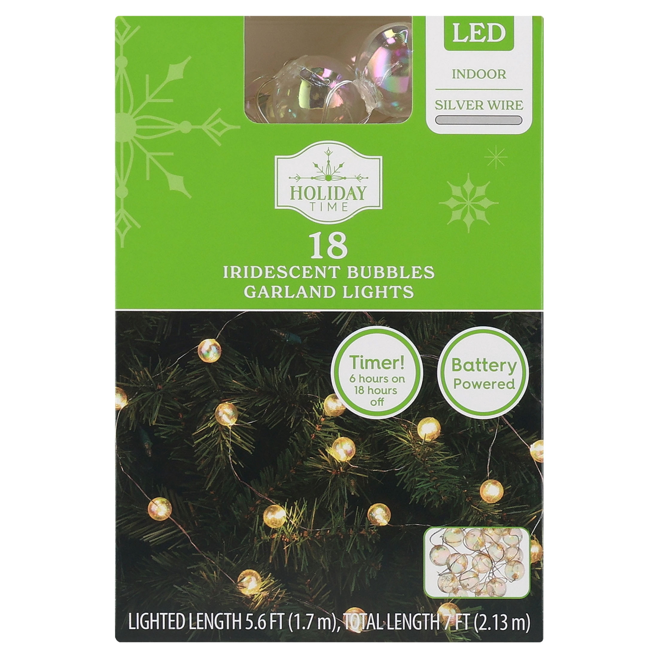 Indoor 18-Count Battery-Operated LED Bubbles Christmas Garland Lights, Iridescent, Silver Wire, 5.6', by Holiday Time