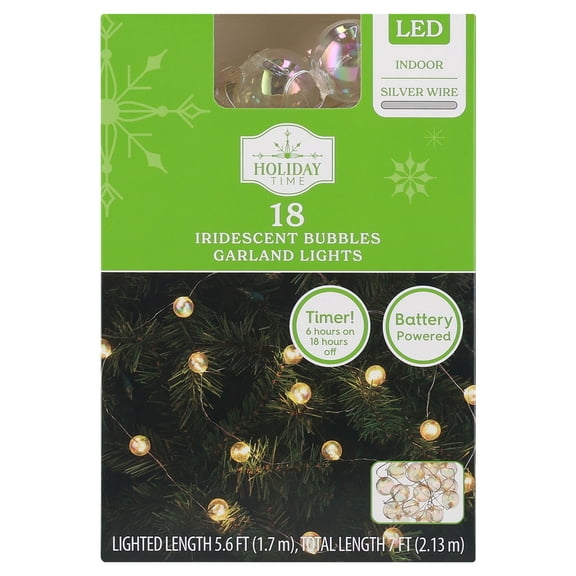 Indoor 18-Count Battery-Operated LED Bubbles Christmas Garland Lights, Iridescent, Silver Wire, 5.6', by Holiday Time