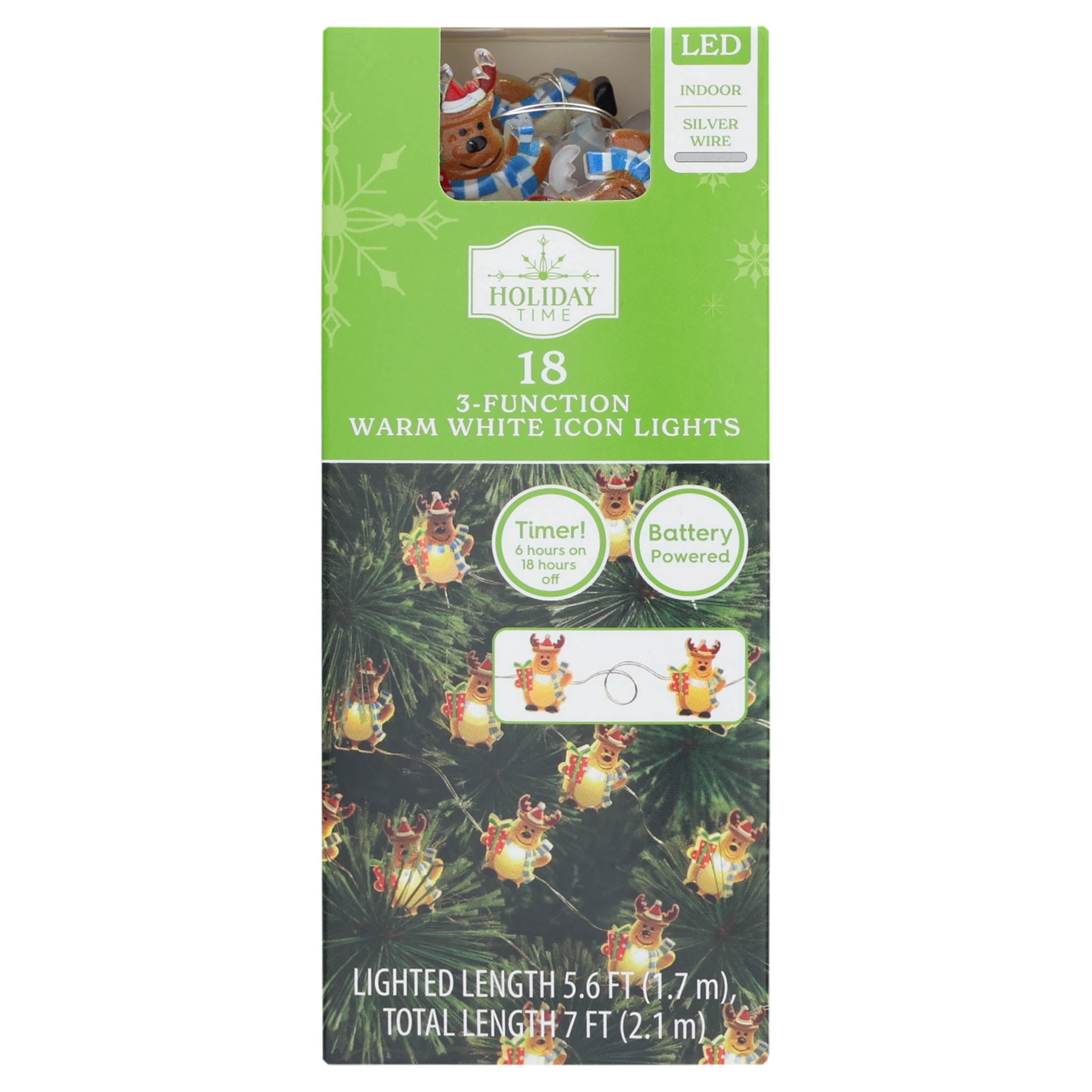 Indoor 18-Count Battery-Operated LED 3-Function Reindeer Icon Christmas String Lights, Warm White, Silver Wire, 5.6', by Holiday Time