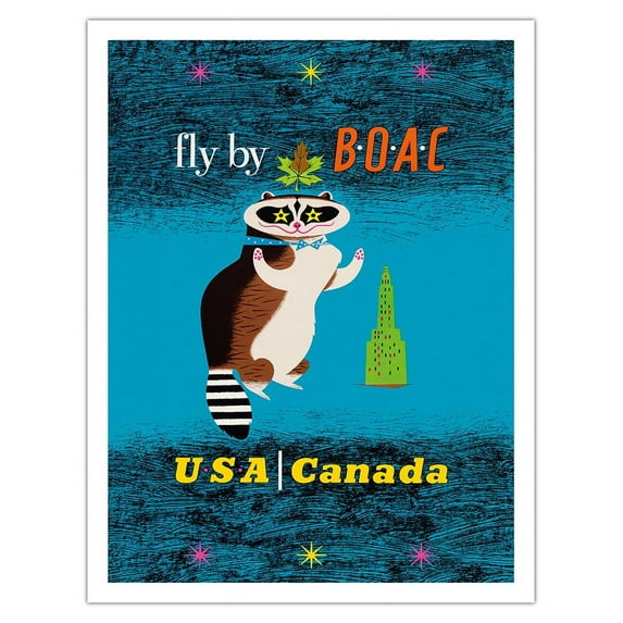 BOAC - USA Canada - Raccoon - Vintage Airline Travel Poster by Maurice Laban c.1950 - Fine Art Matte Paper Print (Unframed) 20x26in