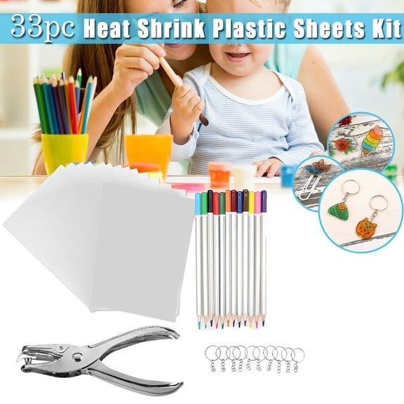 BOAPAI DIY Shrinky Paper Heat Shrink Plastic Sheets Craft Kit with Hole Punch for Making Keychains and Accessories Includes 33 Pieces for Creative Projects