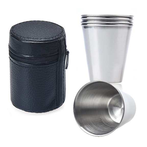 BOAPAI Portable Lightweight Stainless Steel Cups Set of 4 with Faux Leather Cover for Camping Outdoor Picnic Holiday and Hot Drink Enjoyment