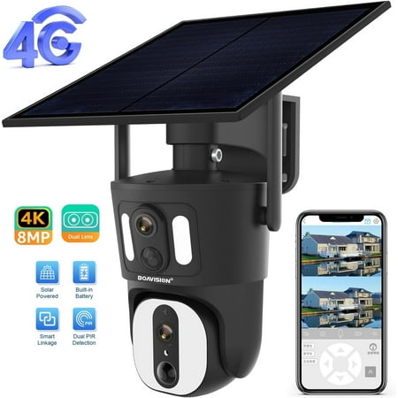 BOAVISION 4K 4G LTE Cellular Security Camera Outdoor, Dual-Lens Wide View, No WiFi, Wireless Solar Battery Powered, Spotlight Color Night Vision, Local Storage, 2-Way Talk