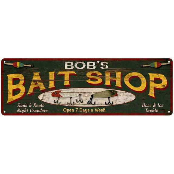 BOB'S Bait Shop Sign Wood Look Man Cave Den Gift 6x18 Metal 106180024269