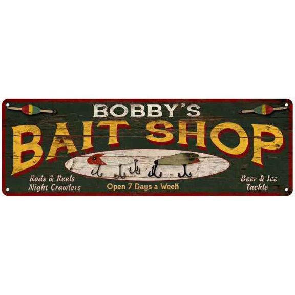 BOBBY'S Bait Shop Sign Wood Look Man Cave Den Gift 6x18 Metal 106180024086