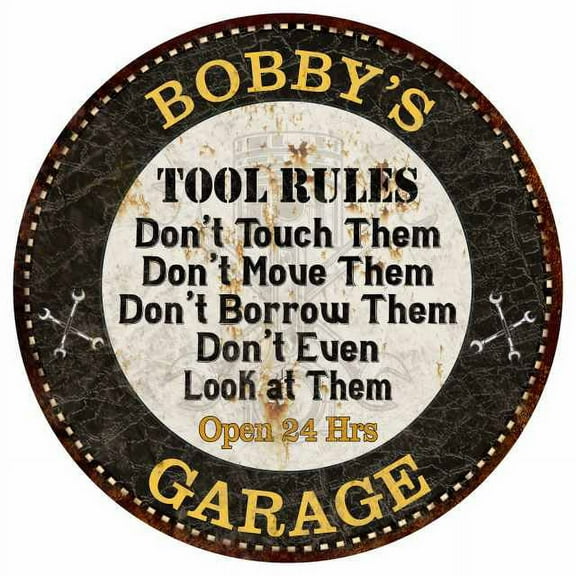 BOBBY'S Garage Rules 14" Round Metal Sign Garage Bar Wall Decor 100140013128