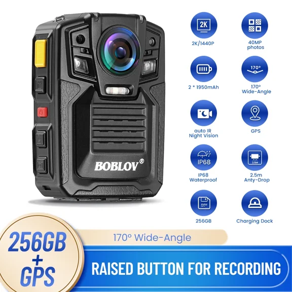 BOBLOV D7 2K GPS Body Camera, 256GB 2X1950mAh Batteries with Charging Dock, IP67 Waterproof, Body Camera with Audio and Video Recording, 170 Wide-Angle, Night Vision for Security Law Enforcement