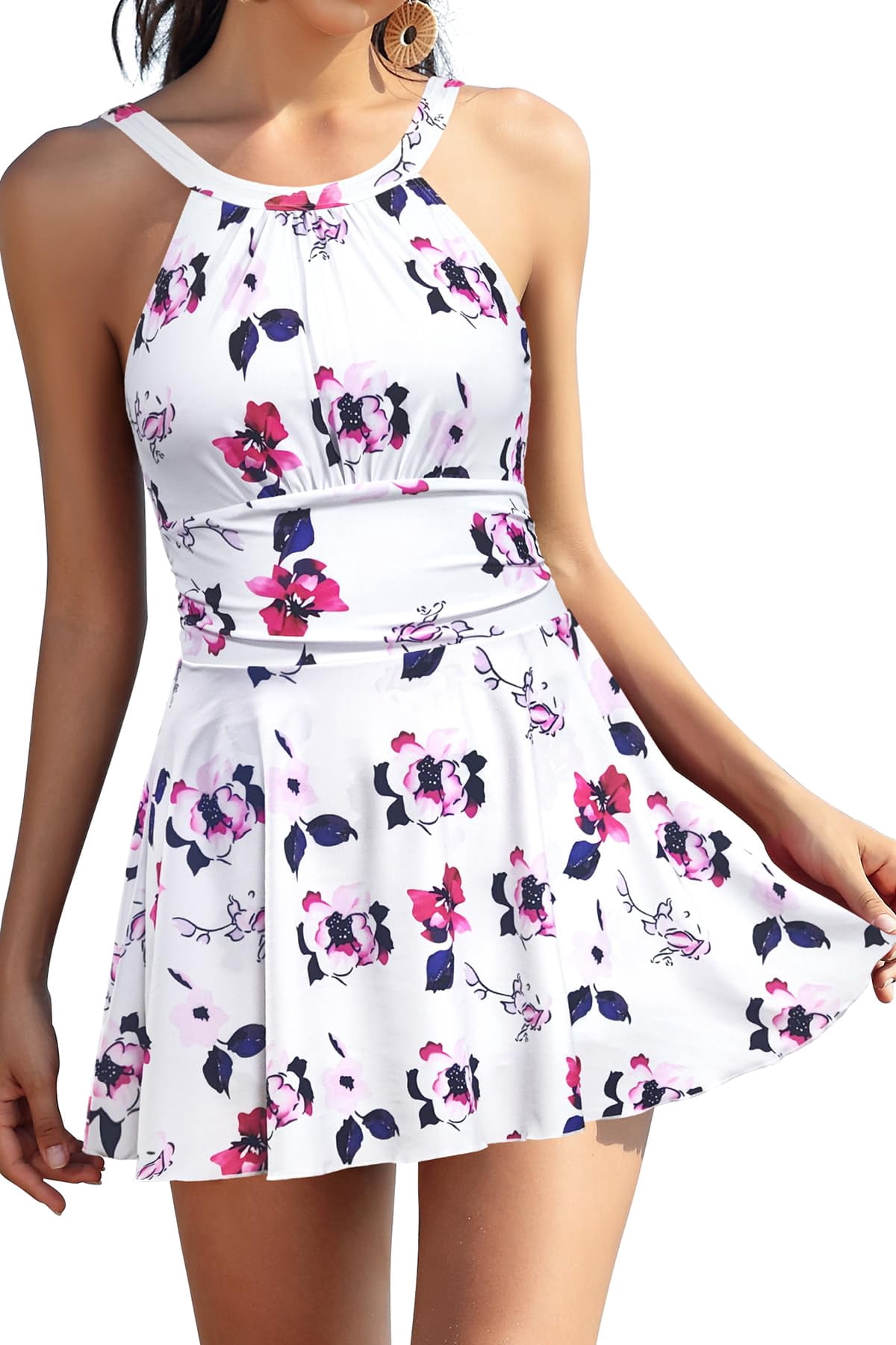 BOBO Gao Womens Elegant One Piece Swimdress High Neck Swim Dress Ruched ...