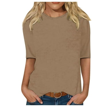 BOBOGOJP 1/2 Length Sleeve Womens Tops for Summer Casual Solid Shirt Loose Fitted Basic Crewneck T Shirts (Khaki,L)