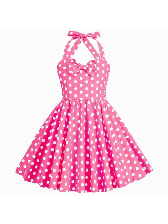 1950s Vintage Dresses for Girls Halter Dress Sleeveless Bowknot Heart Neck 4-12 Years Pink,Size 3-4 Years