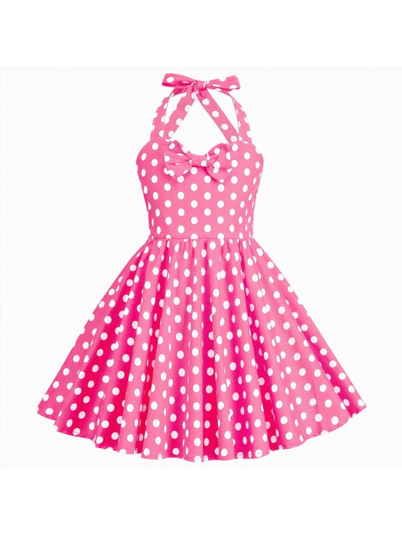 1950s Vintage Dresses for Girls Halter Dress Sleeveless Bowknot Heart Neck 4-12 Years Pink,Size 7-8 Years
