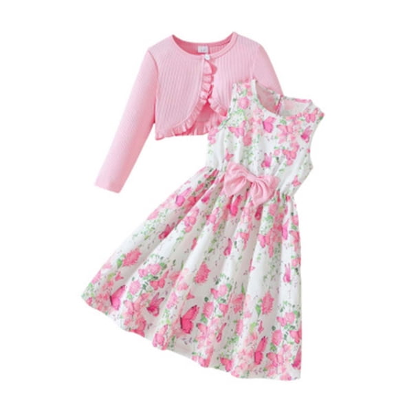 BOBOGOJP 2PCS Little Toddler Girls Dress with Cardigan Floral Dresses Ruffle Shrug Sweaters Spring Full Clothes for 2-12 Years Red for Size 5-6 Years