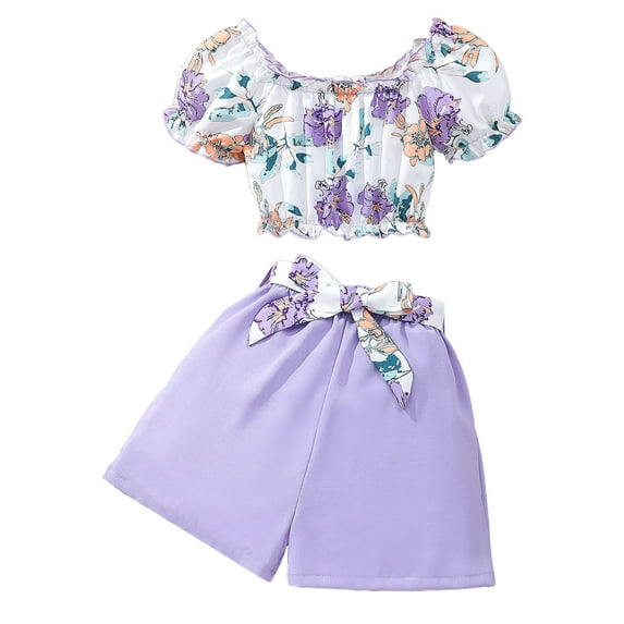 BOBOGOJP 3-8T Toddler Kid Girl Outfits Clothes Ruffle Short Sleeve Floral T-Shirt Top Summer Shorts with Belt Purple for Size 7-8 Years