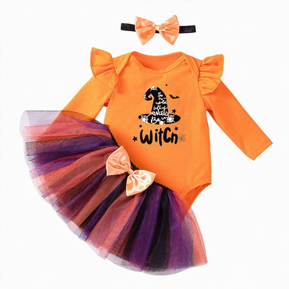 BOBOGOJP 3Pcs Baby Girl First Halloween Outfit Infant Romper Dress Bow Tutu Skirt with Headband Newborn Thanksgiving Bodysuit (Black, 12-18 Months)