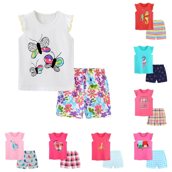 BOBOGOJP 4-8T Kids Toddler Girls Summer Cute Outfit Set Butterfly and Floral Print Top + Bowknot Shorts Set Pink for Size 4-5 Years