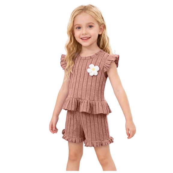 BOBOGOJP 4T 5T 6 7 Years Little Kids Toddler Girl Summer Clothes Ruffle Sleeveless T-shirt Tank Short Sets Girls Outfits Pink for Size 2-3 Years