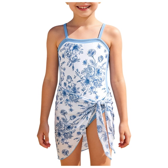 BOBOGOJP 9-10Y Girls One Piece Swimsuit Sarong Ruched Bathing Suit for Beach Pool Light Blue for Size 12-13 Years