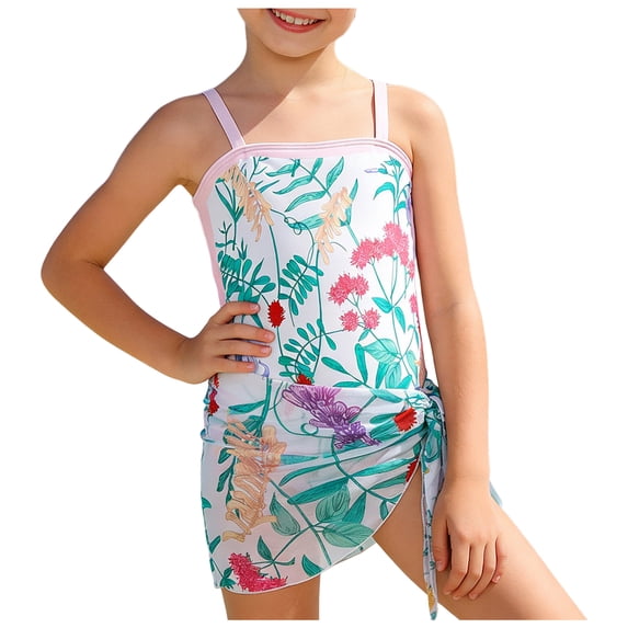 BOBOGOJP 9-10Y Girls One Piece Swimsuit Sarong Ruched Bathing Suit for Beach Pool Light Green for Size 10-11 Years