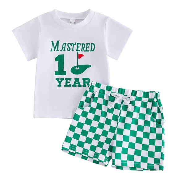 BOBOGOJP Baby Boy First Birthday Golf Outfit Mastered 1 Year/Hole In One Golf T-Shirt and Plaid Shorts Set 2Pcs Summer Clothes