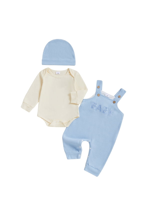Baby Boy My First Easter Outfit Long Sleeve Romper with Embroidery Rabbit Overall Pants and Hat Infant Outfit Light Yellow for Size 3-6 Months