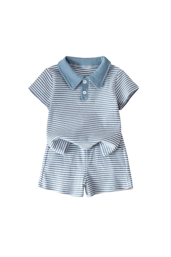 Toddler Baby Boys Summer Short Sleeve Polo Shirts Set 2-piece Striped Outfits 18 Month-5T(Blue,18-24 Months)