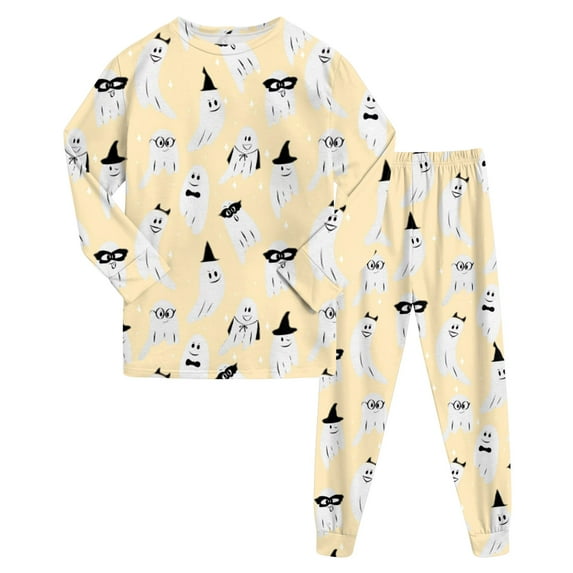 BOBOGOJP Baby Boys Pajamas Set Girls Halloween Pajama Set Long Sleeve Pants Sleepwear Outfits Cute Pumpkin Print Toddler Kids Loungewear Yellow for Size 5-6 Years