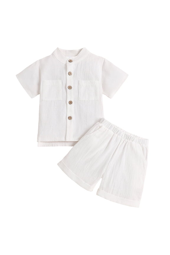 Baby Boys Summer Outfit Cotton Button Down Shirt and Shorts Set Toddler Infant Clothes for Beach Baptism Birthday(White, 3-4 Years)